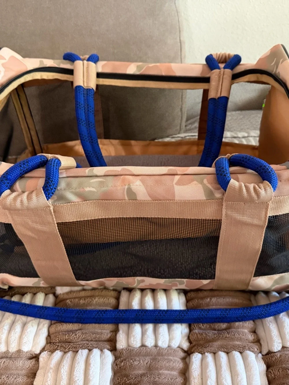 Camouflage Pet Carrier with Blue Rope Handles